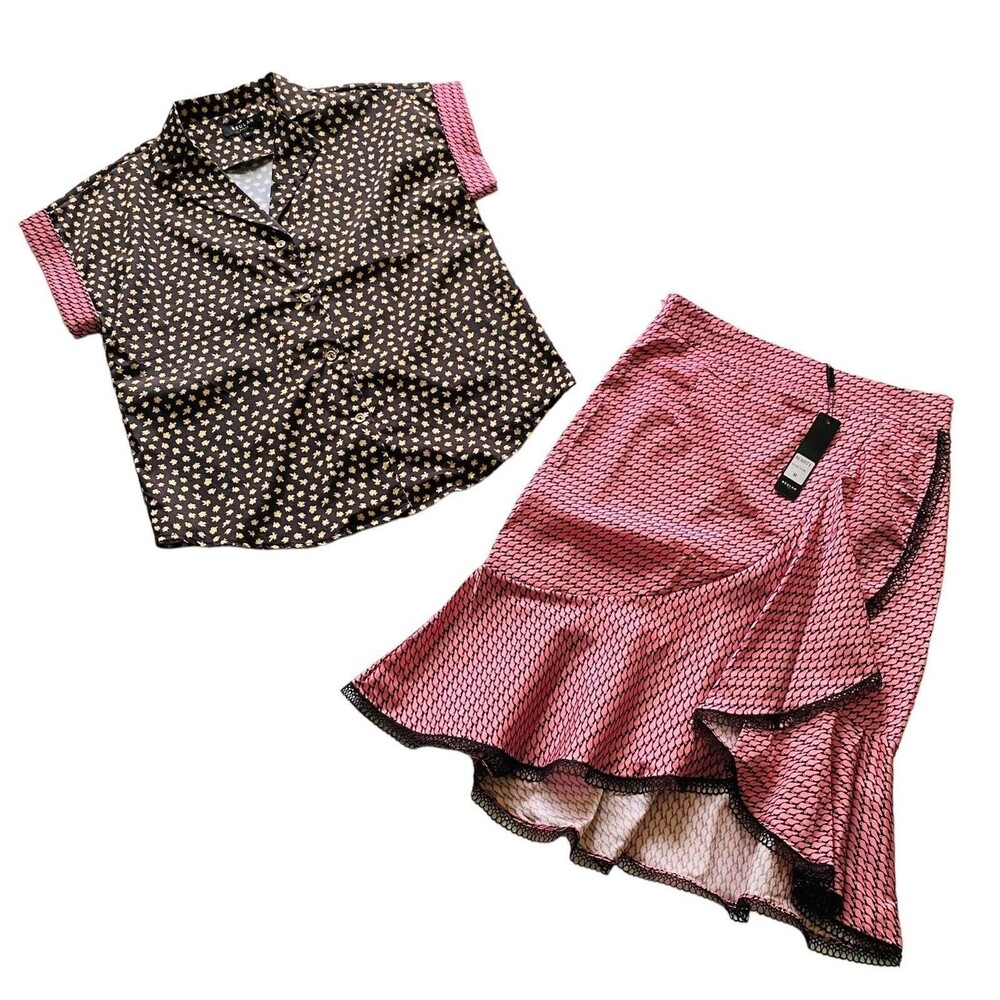 Beulah Style 2 Pc Set M NWT Pink Black Lace Mermaid Skirt Button Front Blouse